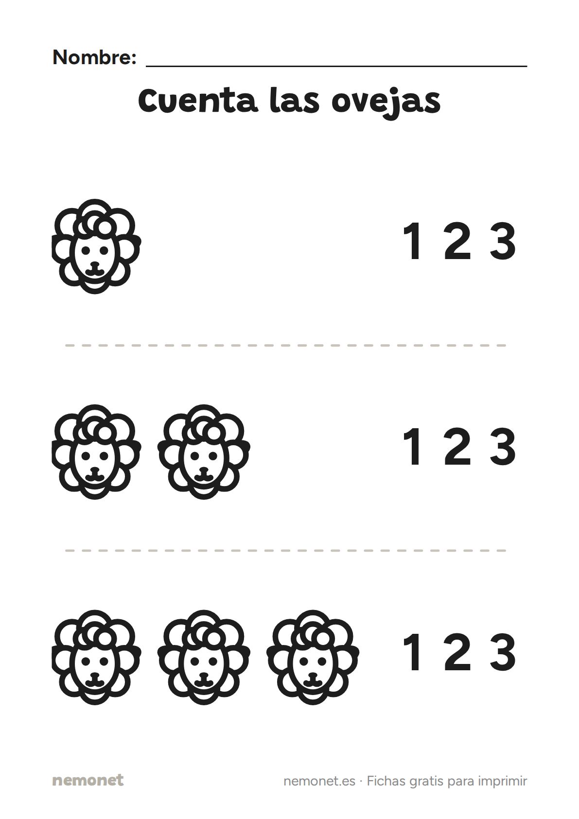Cuenta las ovejas: ficha en blanco y negro para imprimir en A4