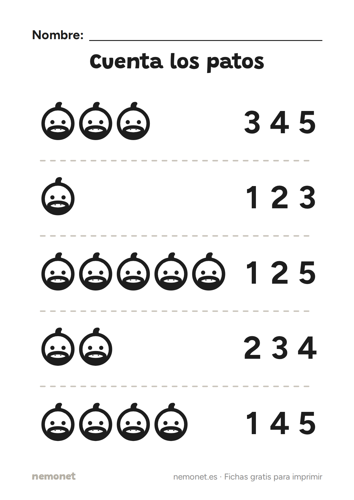 Cuenta los patos: ficha en blanco y negro para imprimir en A4