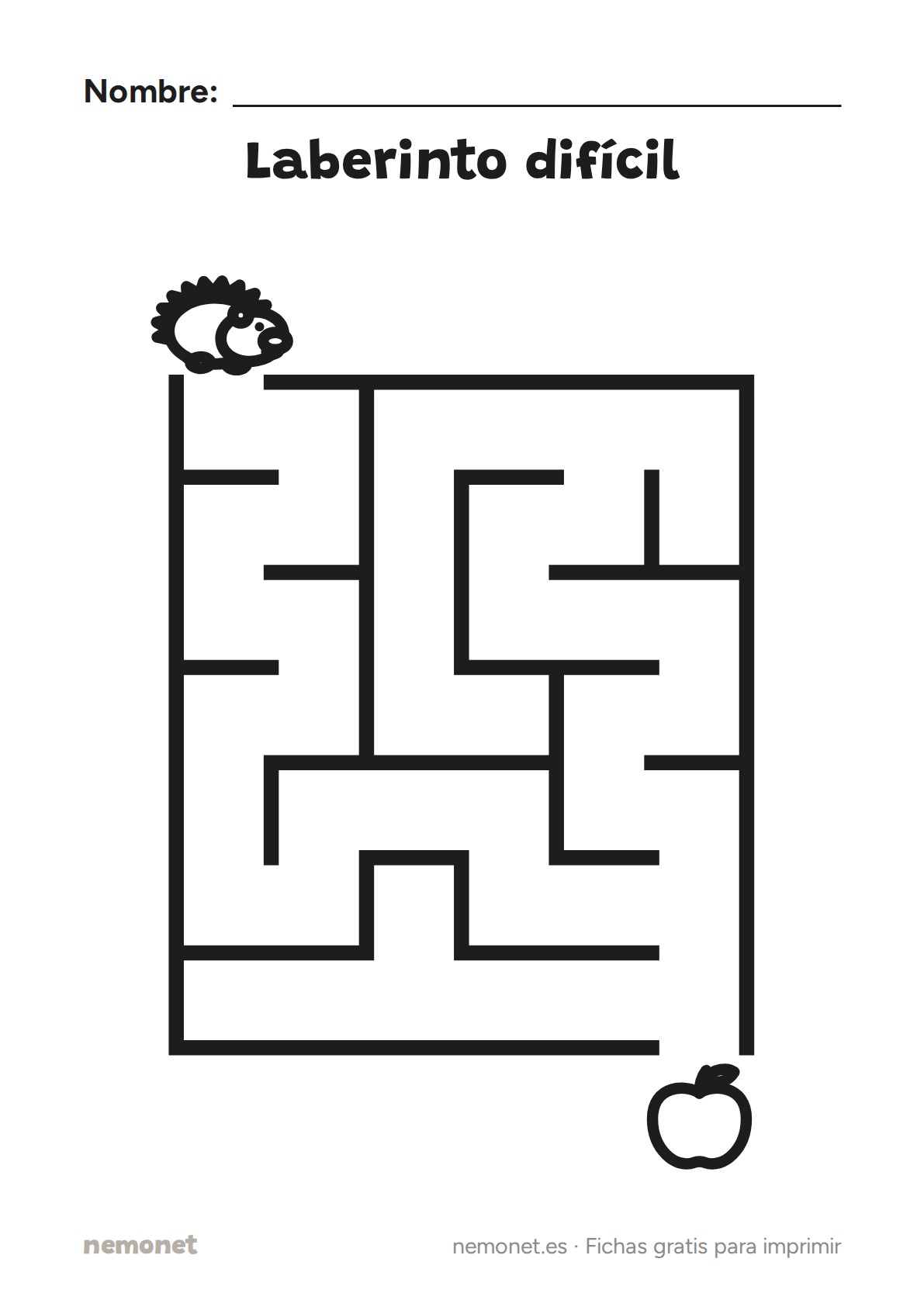 Laberinto difícil: ficha en blanco y negro para imprimir en A4