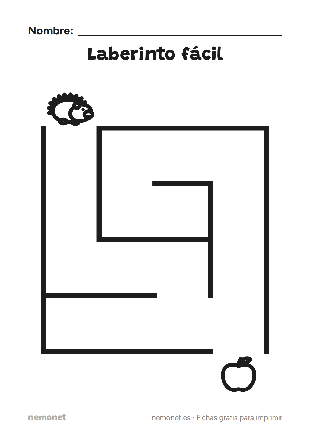 Laberinto fácil: ficha en blanco y negro para imprimir en A4