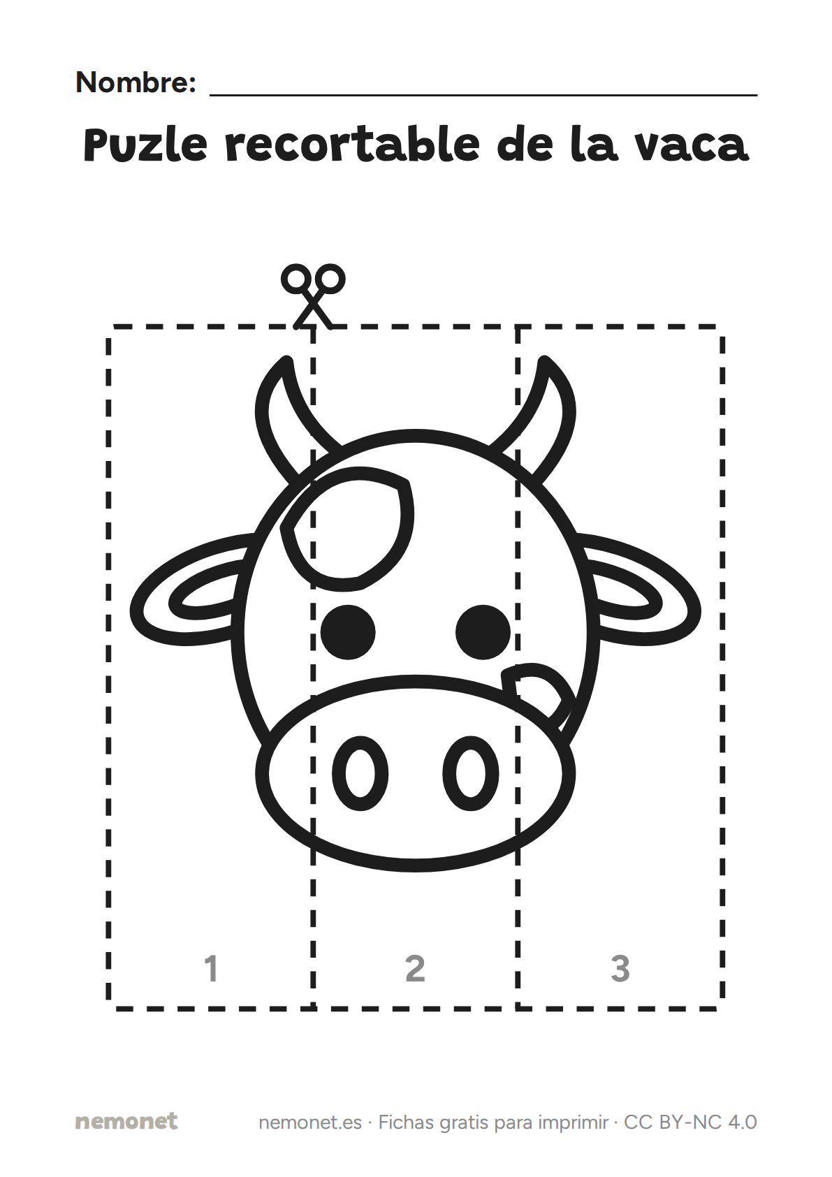 Puzle recortable de la vaca: ficha en blanco y negro para imprimir en A4