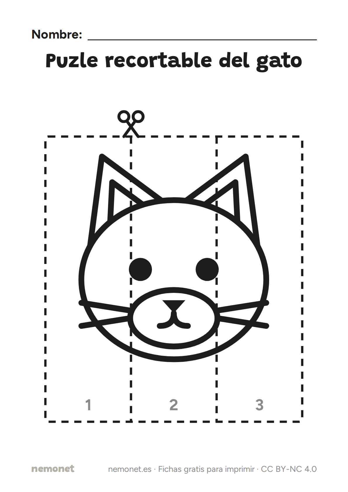 Puzle recortable del gato: ficha en blanco y negro para imprimir en A4