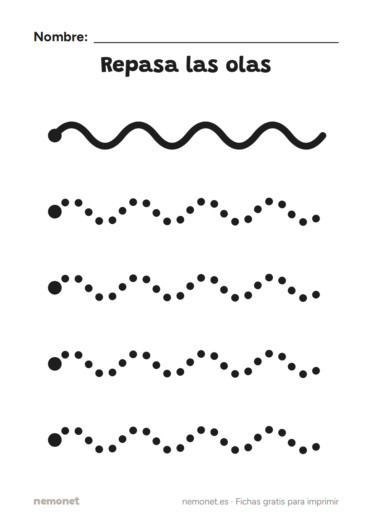 Repasa las olas: ficha en blanco y negro para imprimir en A4