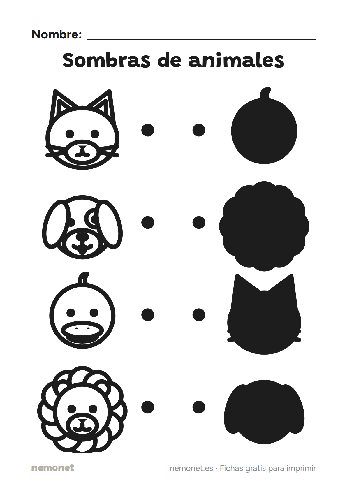 Sombras de animales: ficha en blanco y negro para imprimir en A4