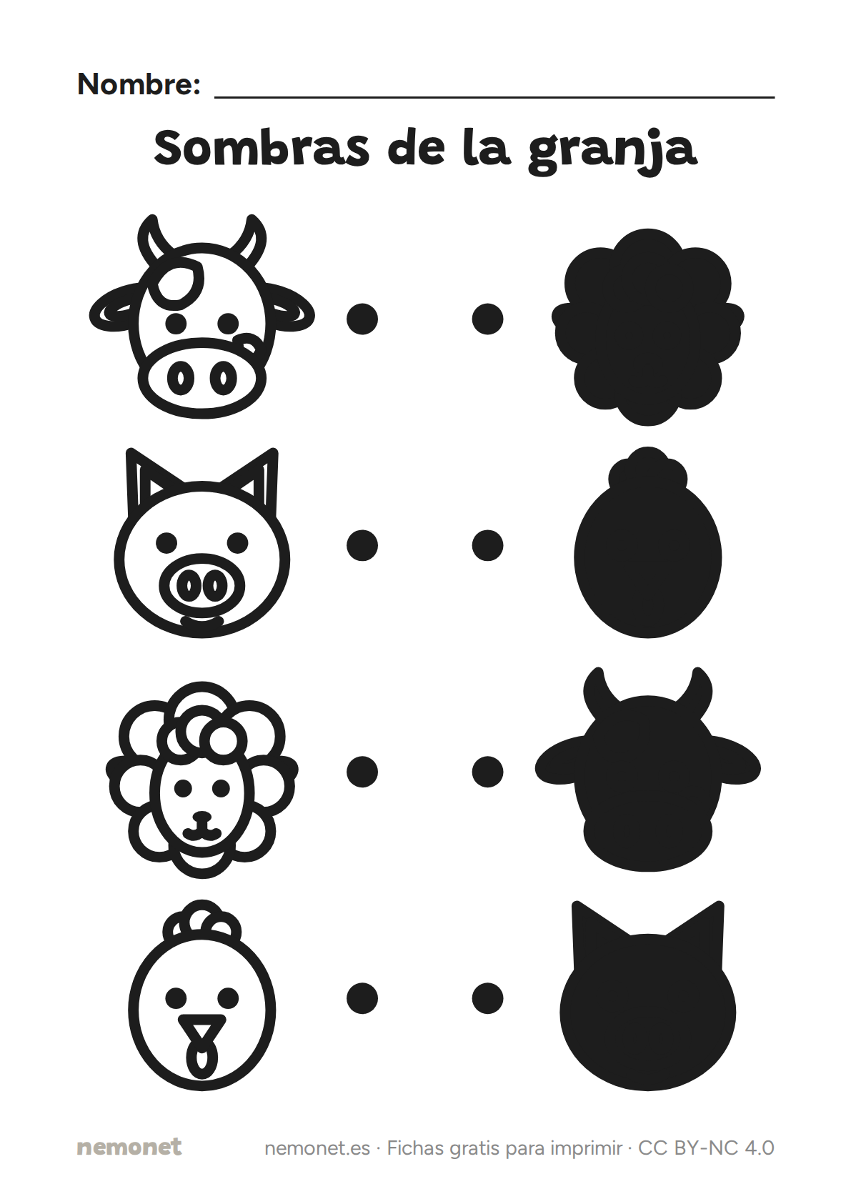 Sombras de la granja: ficha en blanco y negro para imprimir en A4
