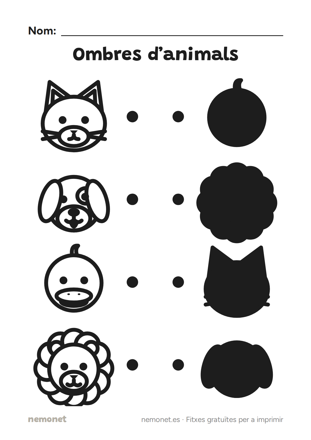 Ombres d’animals: fitxa en blanc i negre per a imprimir en A4