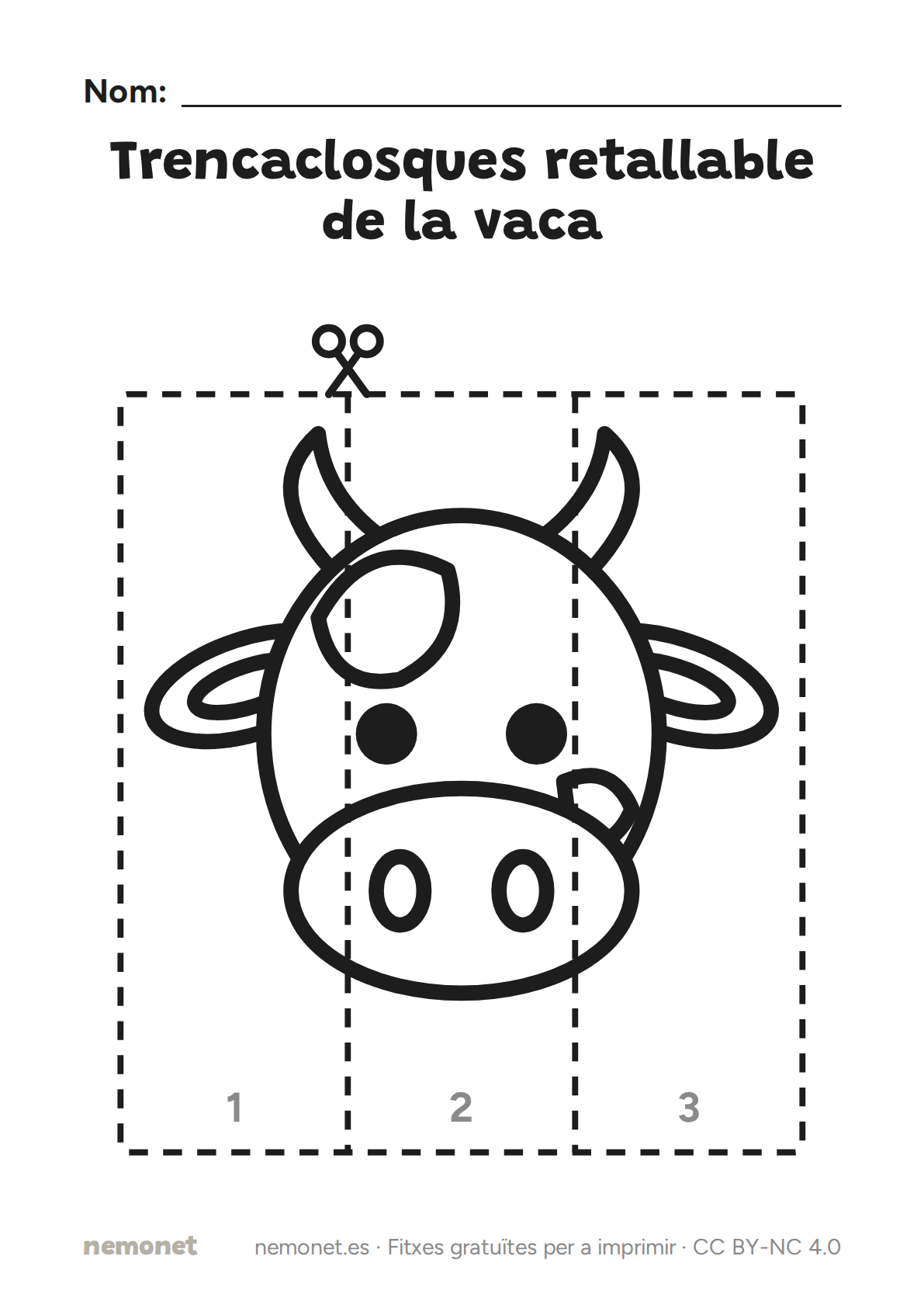 Trencaclosques retallable de la vaca: fitxa en blanc i negre per a imprimir en A4